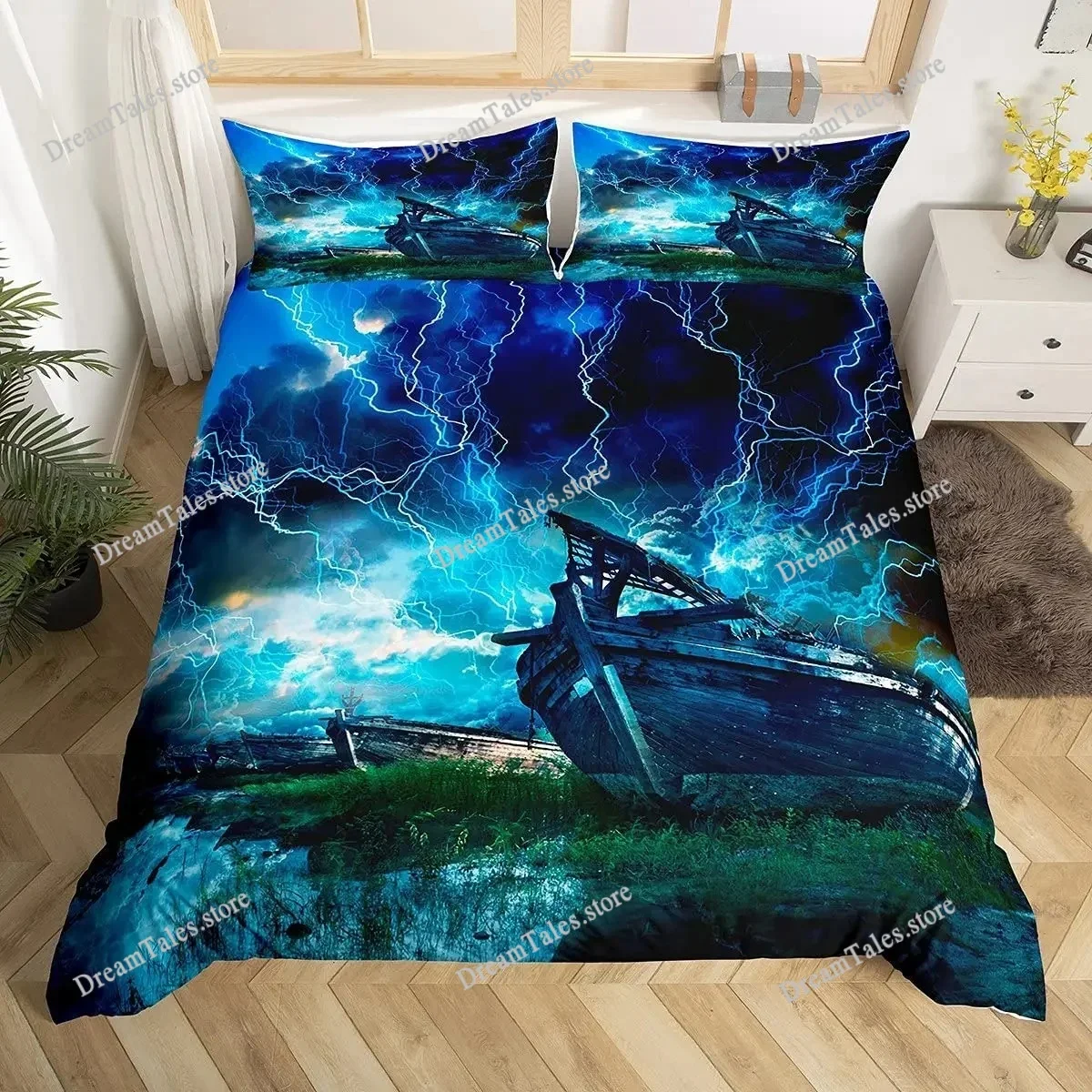 

Sailboat Duvet Cover Set Twin King Queen Size Nautical Theme Seagull Bedding Set Microfiber Rustic Wooden Plank Comforter Cover7