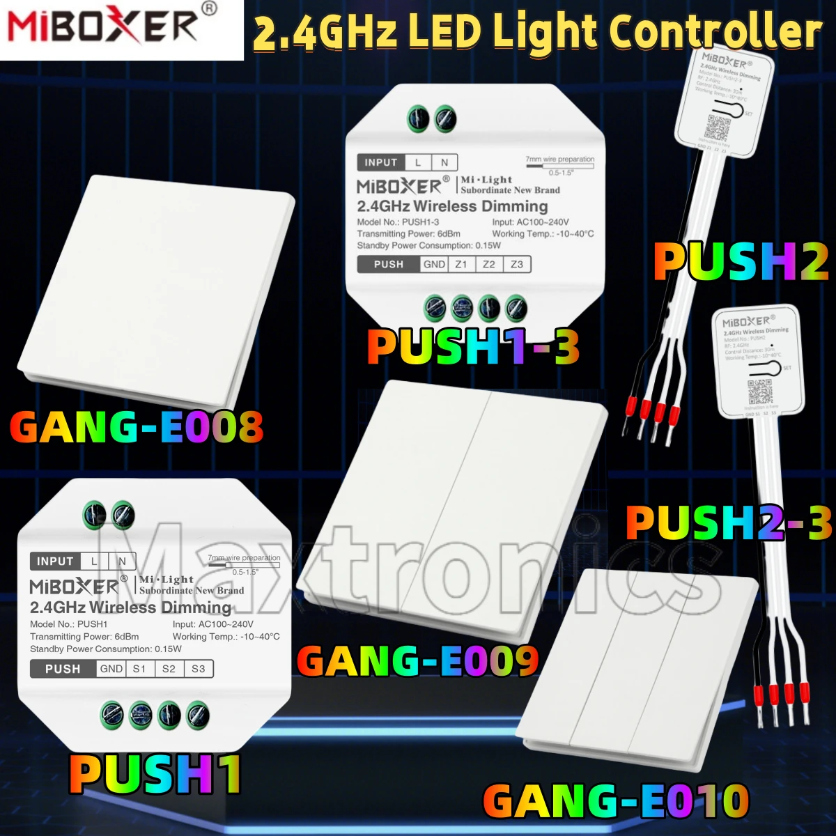 NEW MiBoxer 1-3 Zone 2.4GHz LED Light Controller Wireless Dimming C100-240V Powered PUSH1 RGB+CCT / PUSH1-3 PUSH Switch Remote
