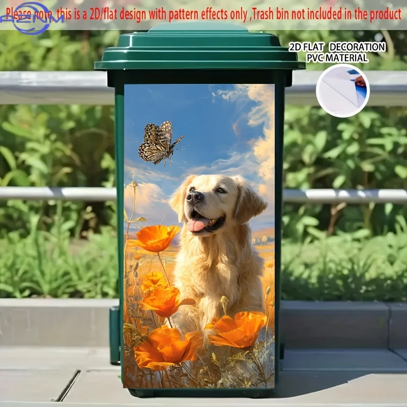 1pc 2D/FLAT, Self - Adhesive Dustbin Stickers, .01xcm, with Golden Retriever in Flower Field with Butterfly Pattern, Creative