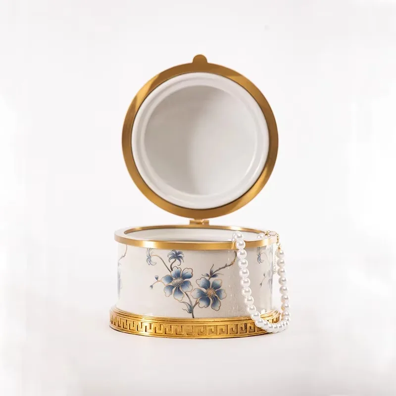 Circular brass ceramic hand-painted crafts cosmetics storage tray ornament