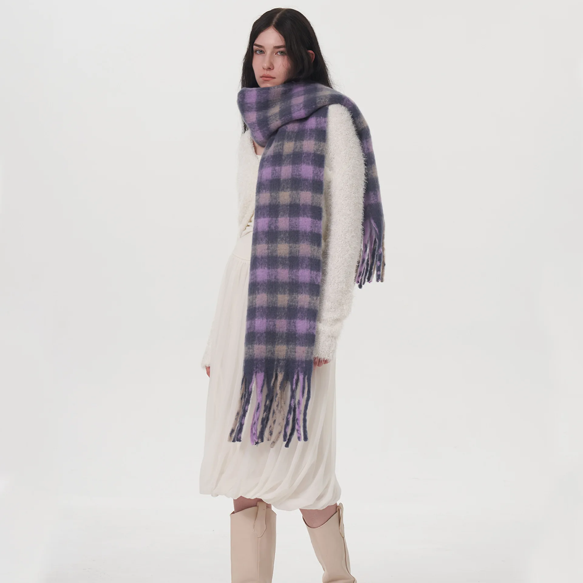 Winter Warm Women\'s Scarf Purple Plaid Thicken Shawl New Fashion Cashmere Cape Wraps Large Size echarpe femme hiver bufanda