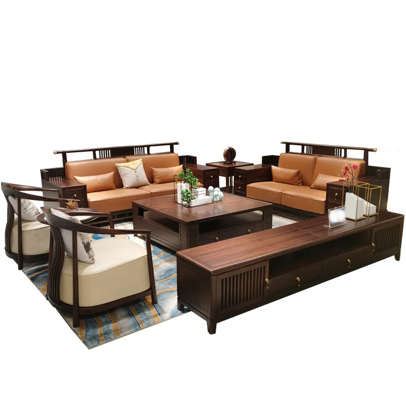 

New Chinese style, solid wood, sofa, combination, simplicity, living room, small apartment, zen, light luxury