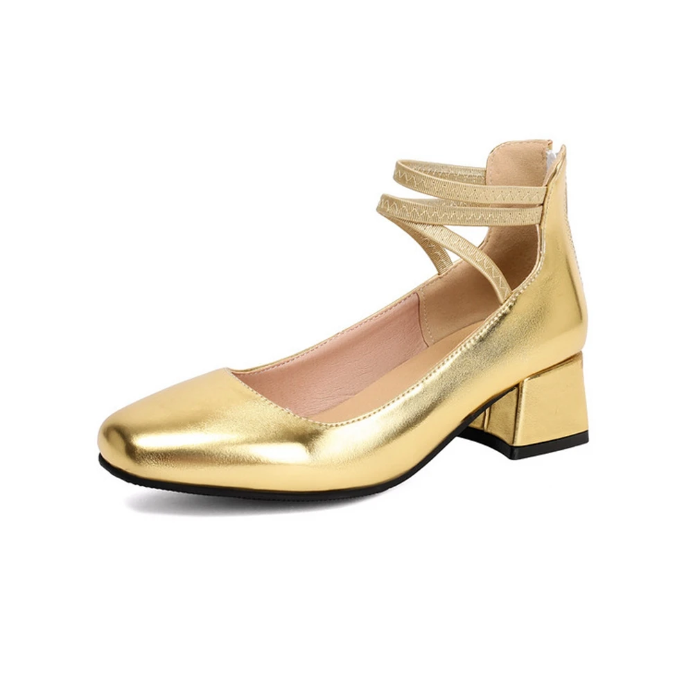 Women Square Toe Block Heel Pumps Ankle Strap Back Zipper Dress Shoes 32-43 Gold Silver Black M91
