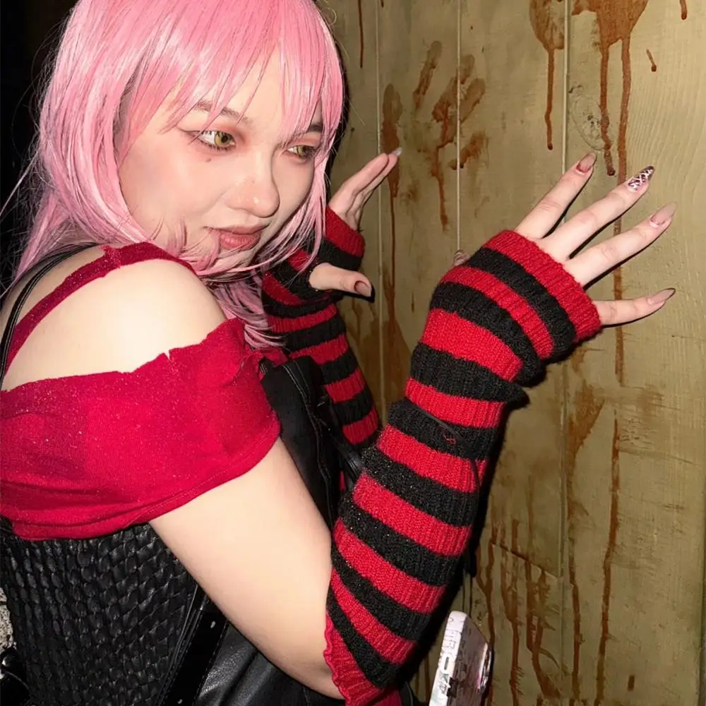 Y2K Harajuku موضة المرأة محبوك مخطط الكوع قفازات القوطي الشرير أصابع أكمام أذرع تبريد تأثيري أنيمي قفازات الشتاء مدفئات للذراع