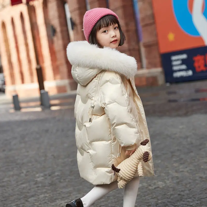 Children Cotton Jacket Girls Solid Medium Length Hooded Warm and Comfortable Winter New Down Cotton Coat Korean Stylish