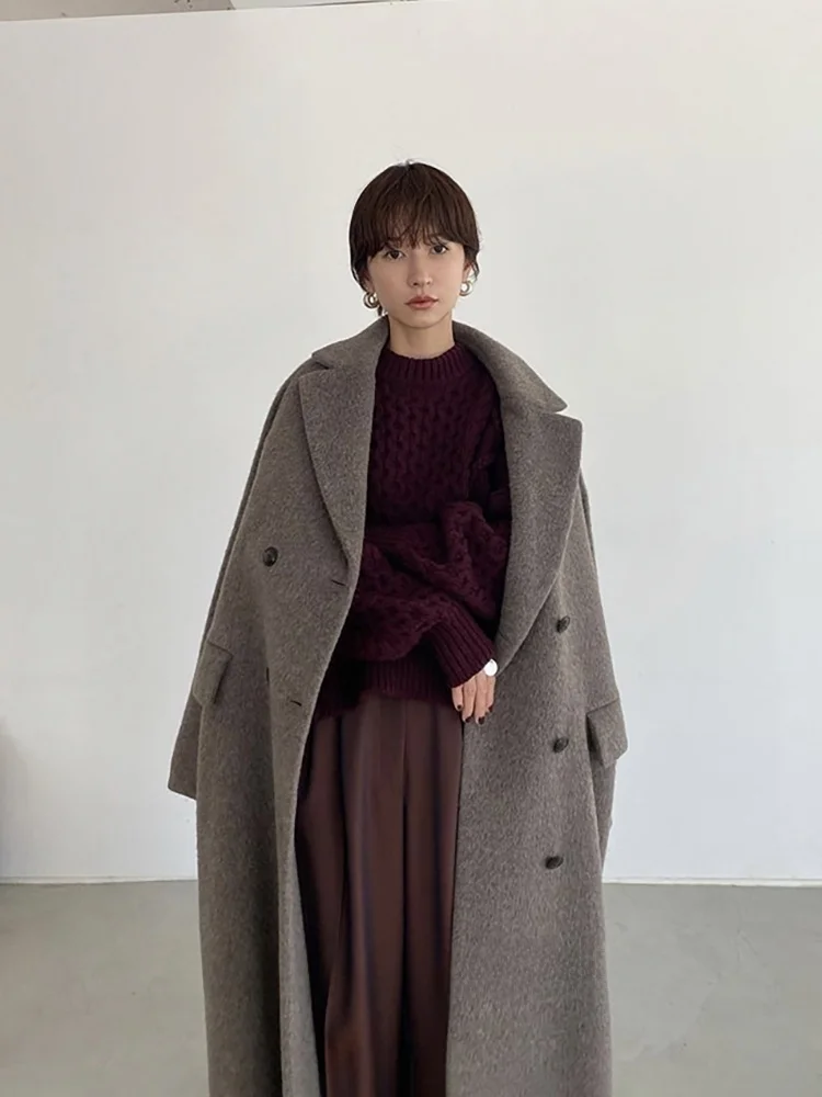 

Premium Wool Alpaca Coat Women's Long Loose Outerwear Thiened Autumn Winter Faion Ele Double Breasted Lapel Coat