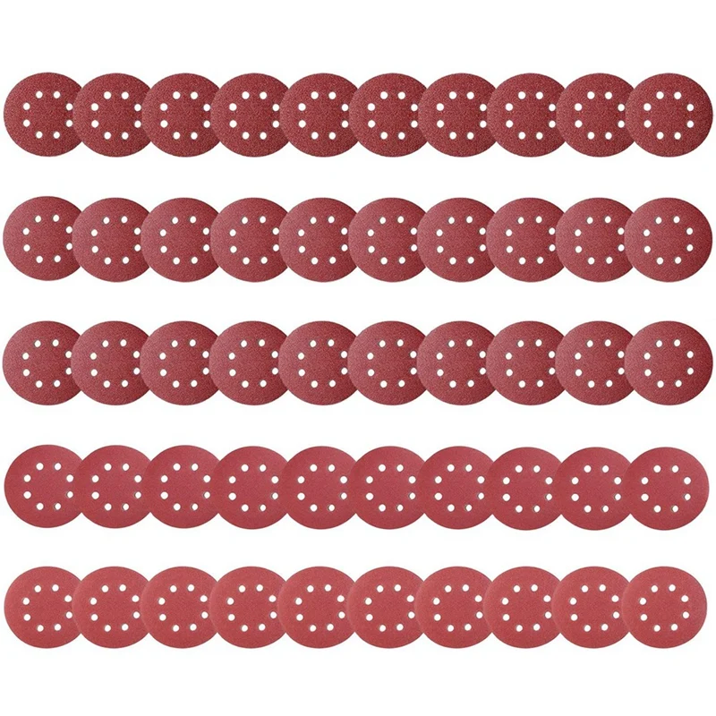 50Pcs Premium 5 Inches 8-Holes Sanding Discs (125Mm), Power Sander Hook & Loop Discs 5 Gradesfor Random (Red)