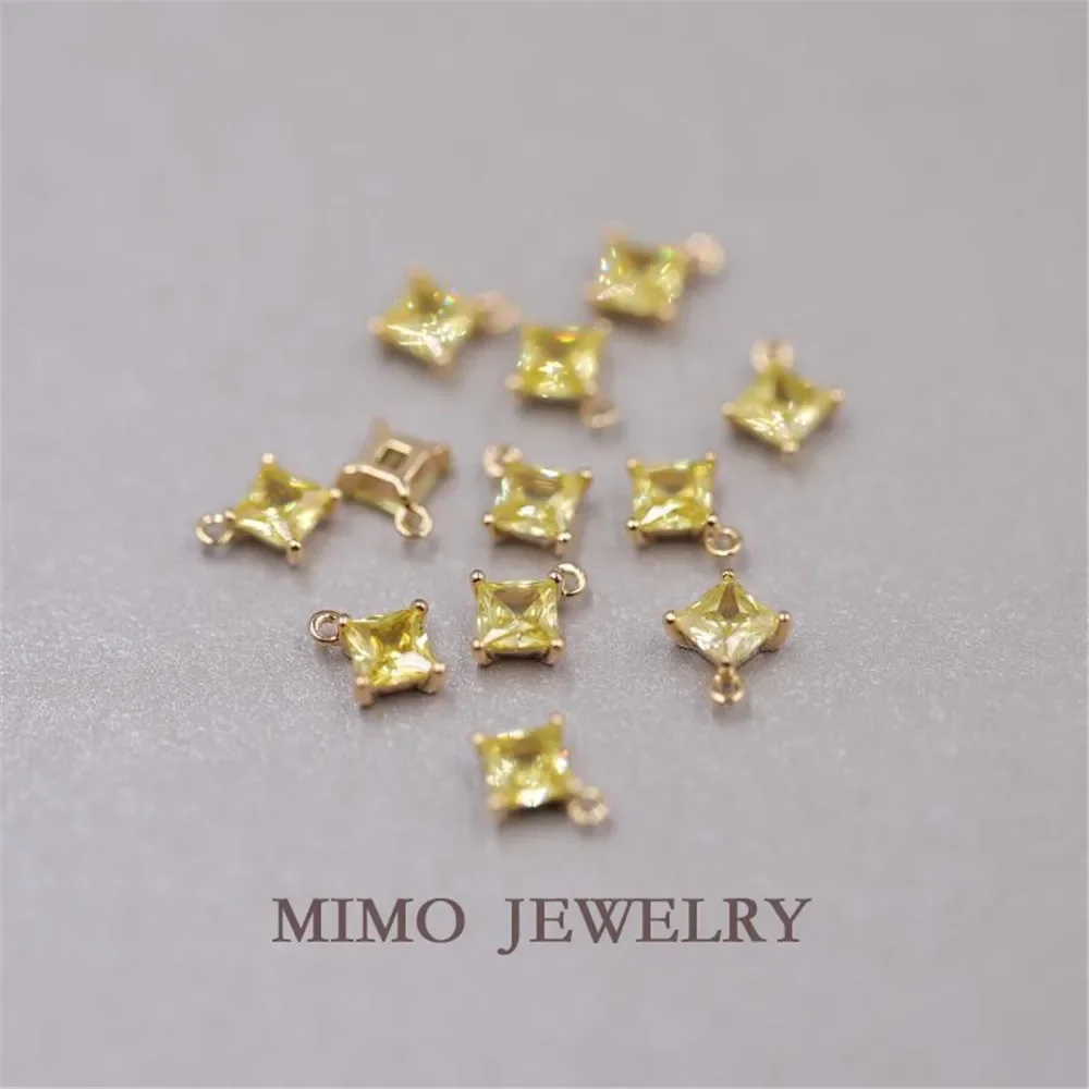 Gold plated cube square color zircon single ring Pendant copper plated 14K gold DIY fitting