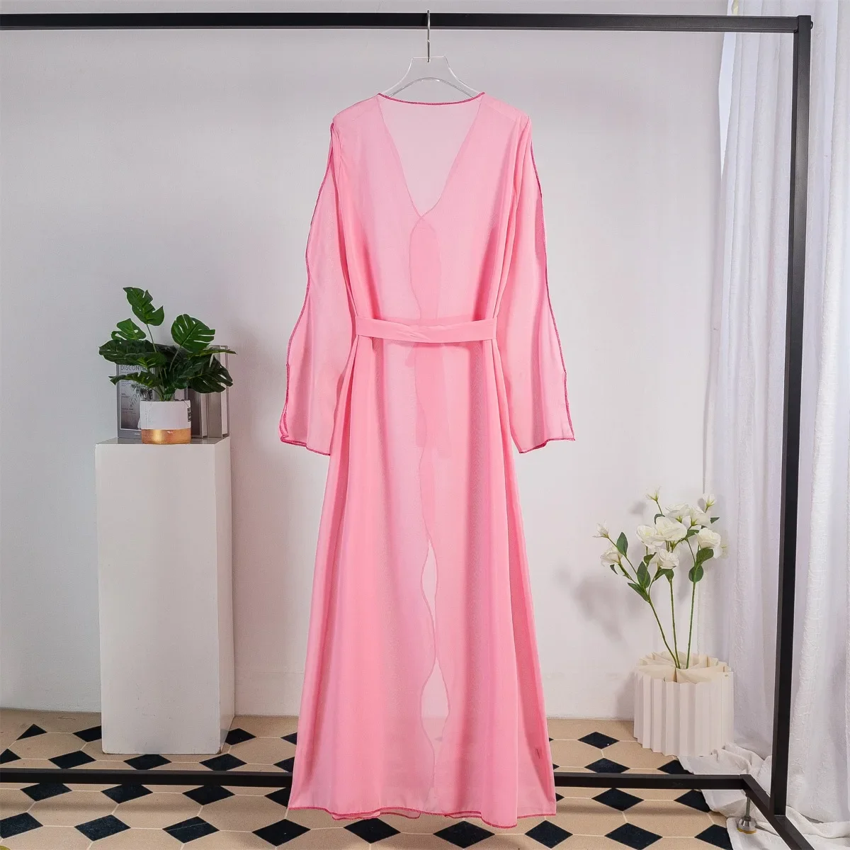 Muslim Open Front Abaya Women Long Sleeve Maxi Length Dresser With Belt Women's Clothing Outwear Kaftans Women Jilbabs