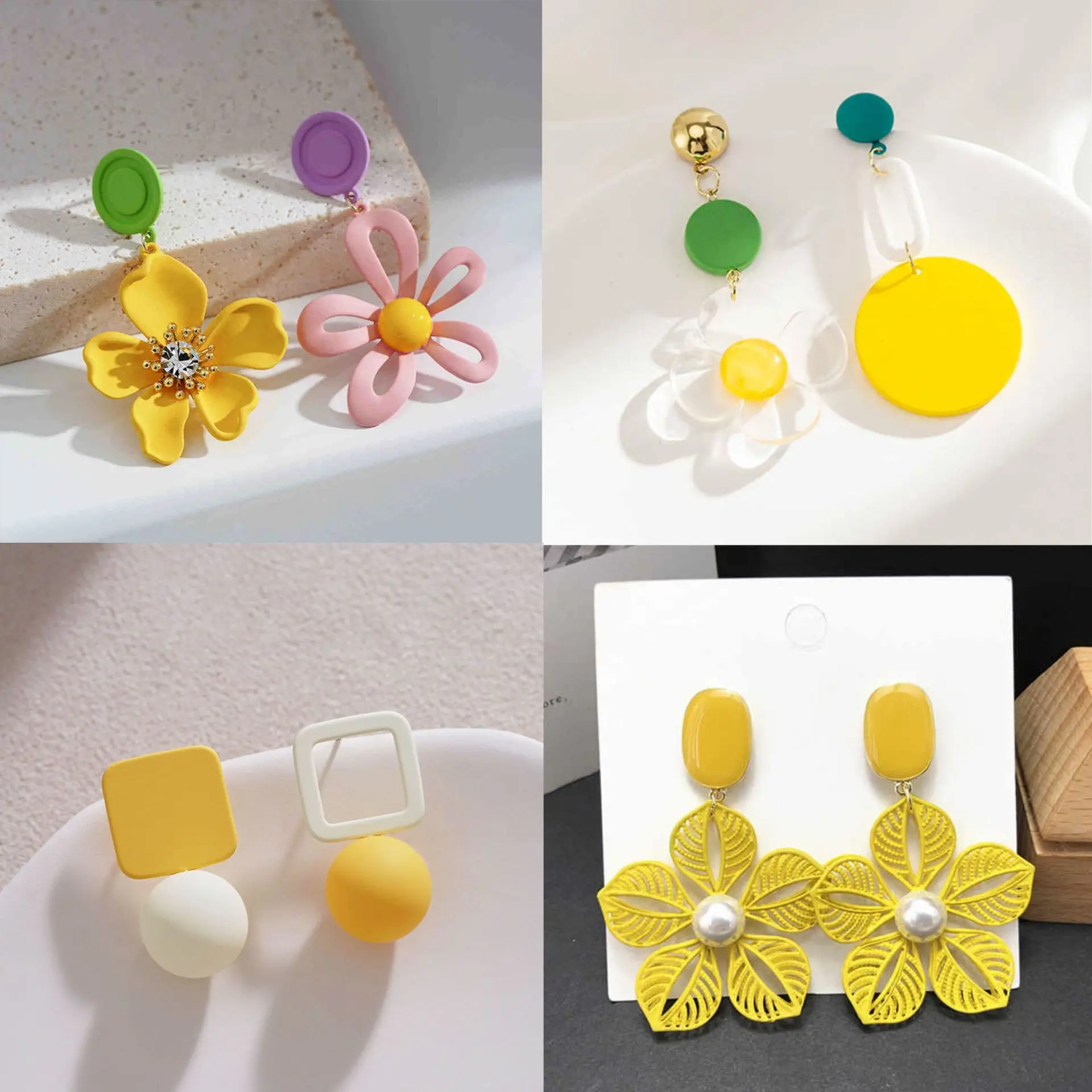 Unique Asymmetrical Heart Earrings Tweed Design Vintage Retro Yellow Flower Stud Chunky Lightweight for Women