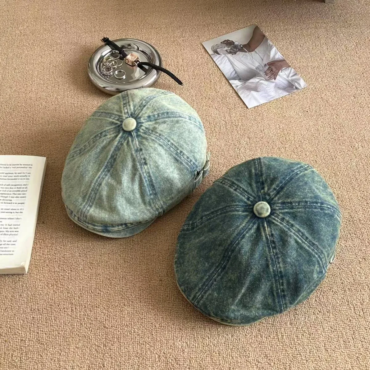 New Washed Vintage Denim Forward Cap, Women Spring Summer Face Slim High-end Beret Duckbill Hat