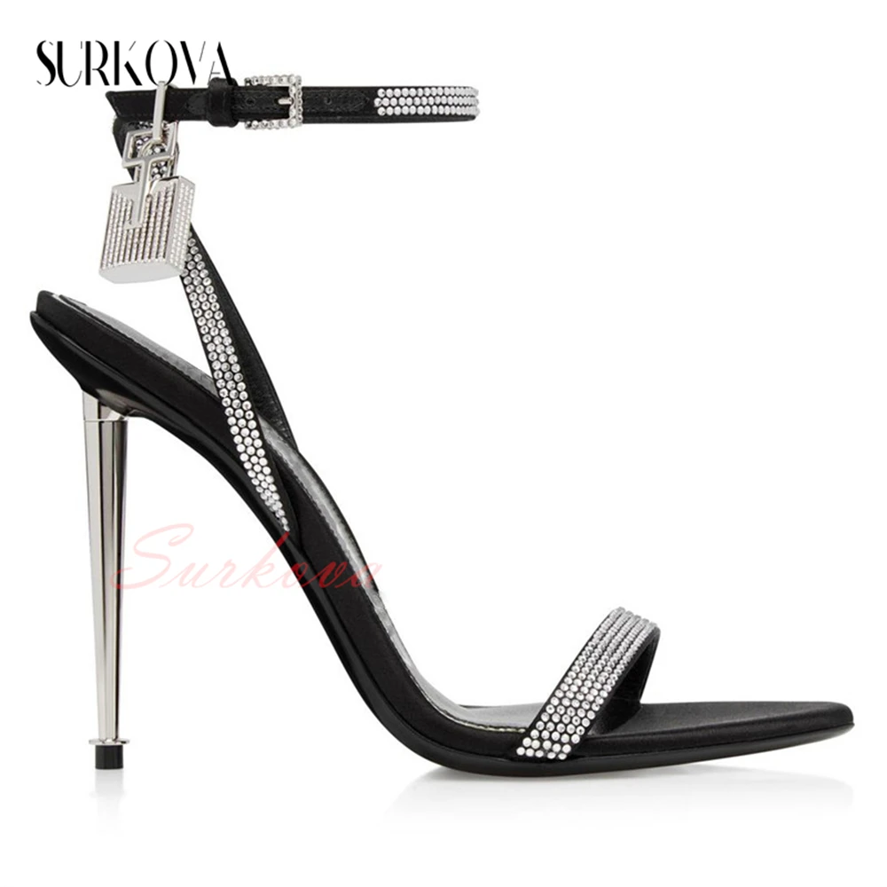 

Rhinestone Lock Pendant High Heel Sandals Blingbling Narrow Band Open Toe Fashion Dress Sandals Women Metal High Heel Stilettos