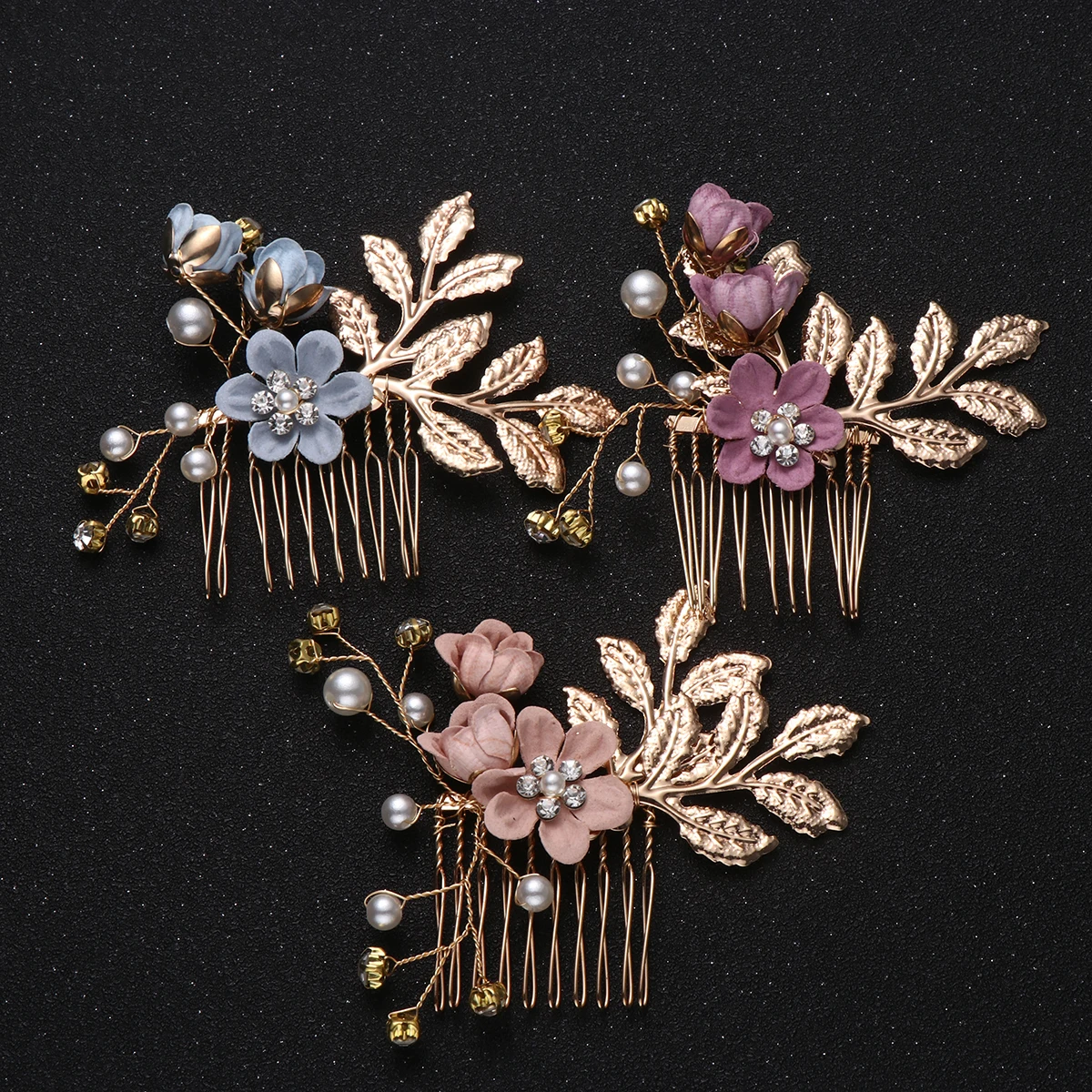 

3pcs Wedding Hair Comb Rhinestone Pearl Crystal Artificial Flower Leaf Design For Bride Bridesmaid Party Prom