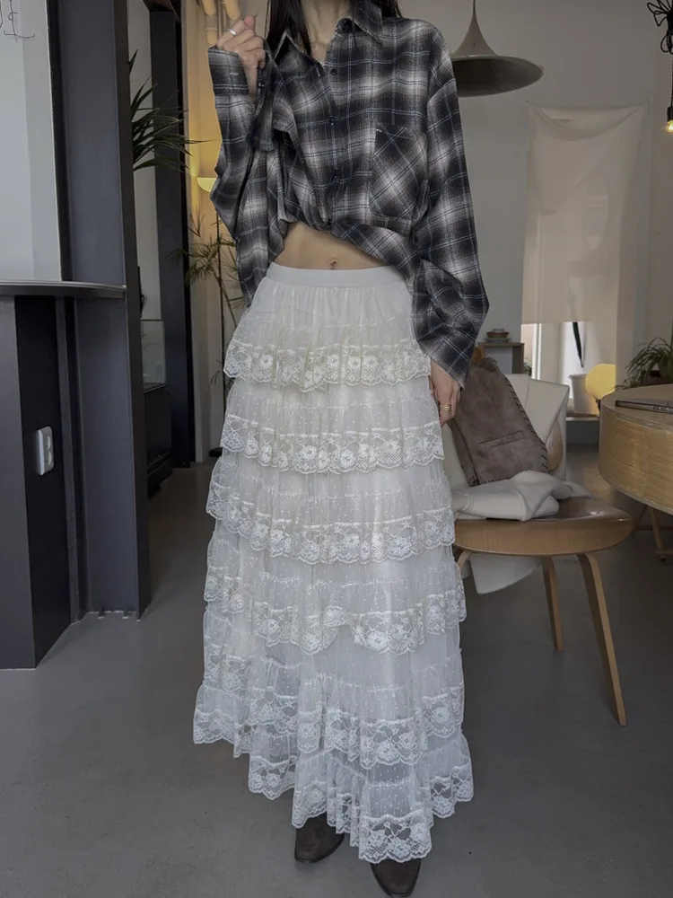 

High Waist A-Line Long Skirt Women's Cake Skirt Lace Trim Me Fabric Faion Slimming Design Layered Large Skirt Swing