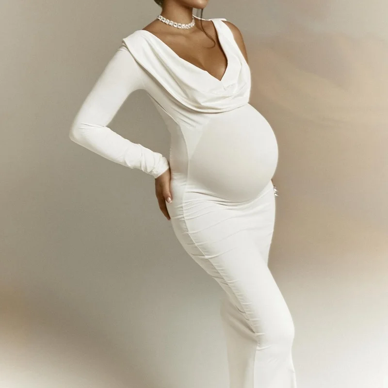 Maternity Photography Dress Sexy Solid Color One Shoulder Dress Baby Shower Gown Maternity Dress for Photography and Parties