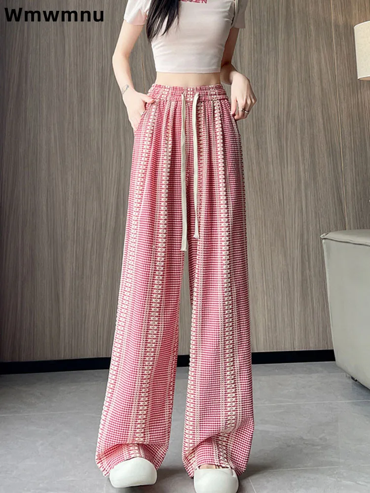 

Кружевные клетчатые брюки, женские повседневные модные свободные повседневные брюки с высокой талией, свободные прямые широкие брюки Calcas