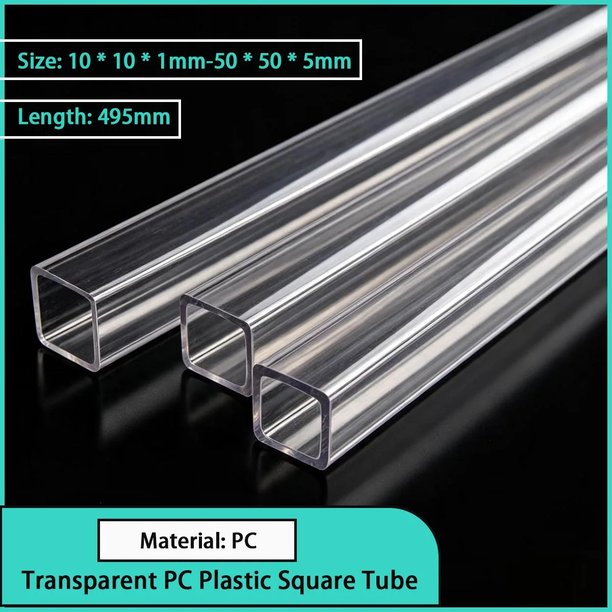Size 10*10*1mm-50*50*5mm transparent PC plastic square tube for equipment cover, lighting shell, etc