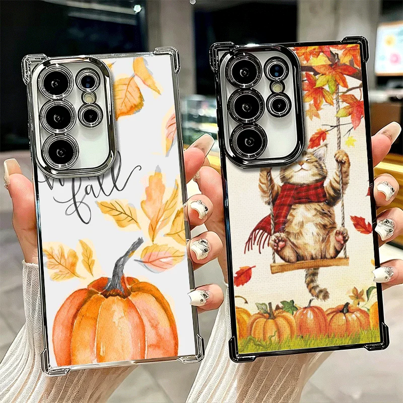 Pumpkin Happy Fall Autumn Plating Phone Case For Samsung Galaxy S26 S25 Edge S24 S23 Ultra S22 S21 Plus S20 FE Anti-Fall Protect