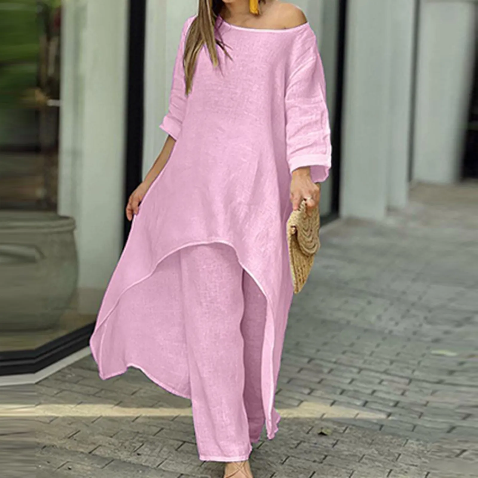 2pcs/Set Women Outfits Wide Leg Pants Cotton Linen Suit Irregular Hem Blouse Trousers Oversize Casual Round Neck Top Women 2024