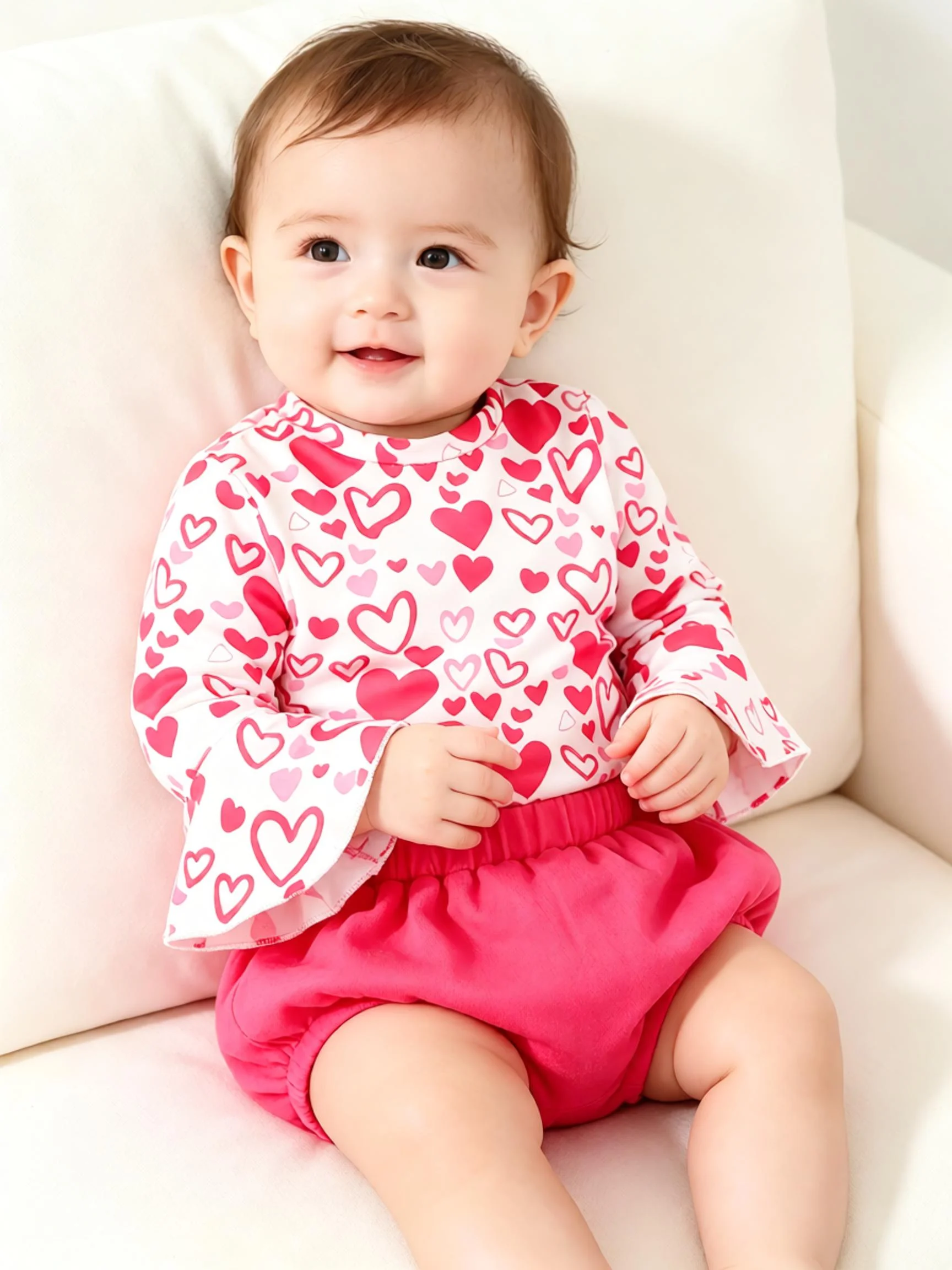 2-piece set of baby girl baby casual love full print round neck flared sleeve top and shorts set for spring and autumn