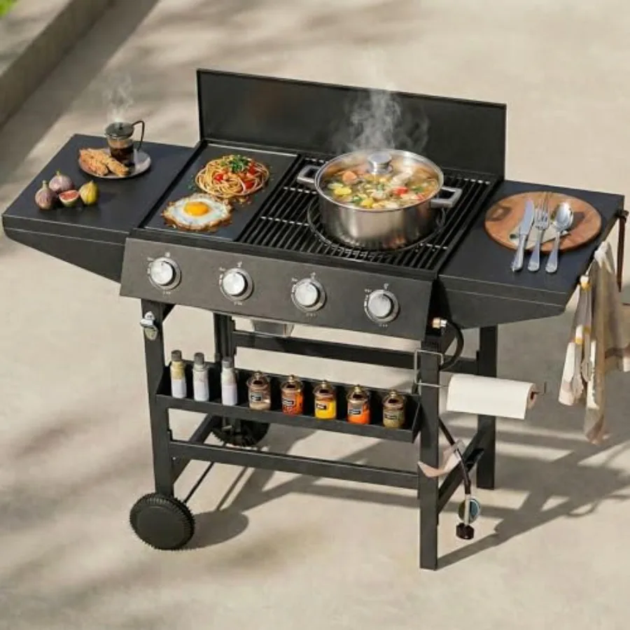 

4-Burner Gas Grill Griddle Combo with Stove 482 SQ.IN Cooking Area 52 000 BTU Propane Barbeque Grills Outdoor Cooking with Two