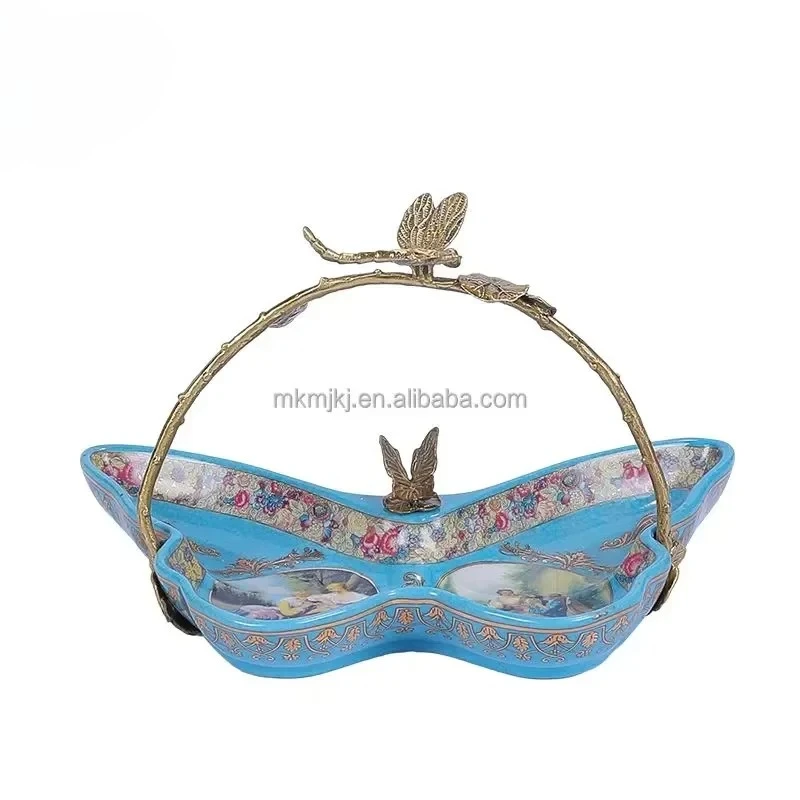 Antique Home Decor Hand Painted Classical European Style Fruit Bowl Luxury Gold Brass Metal Blue Porcelain Tray and Vase Set view 6