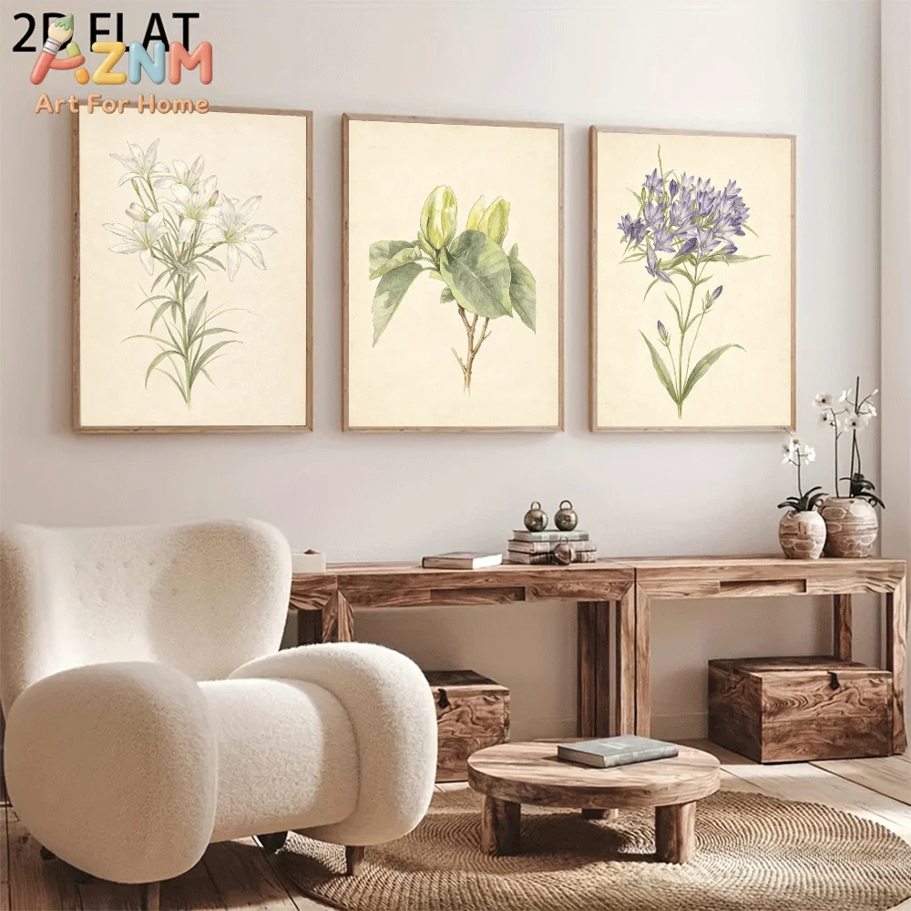 AZNM Frameless Canvas Wall Art, Vintage Botanical White Purple Flower Print, Antique Watercolor Floral Wall Decor for Living Roo