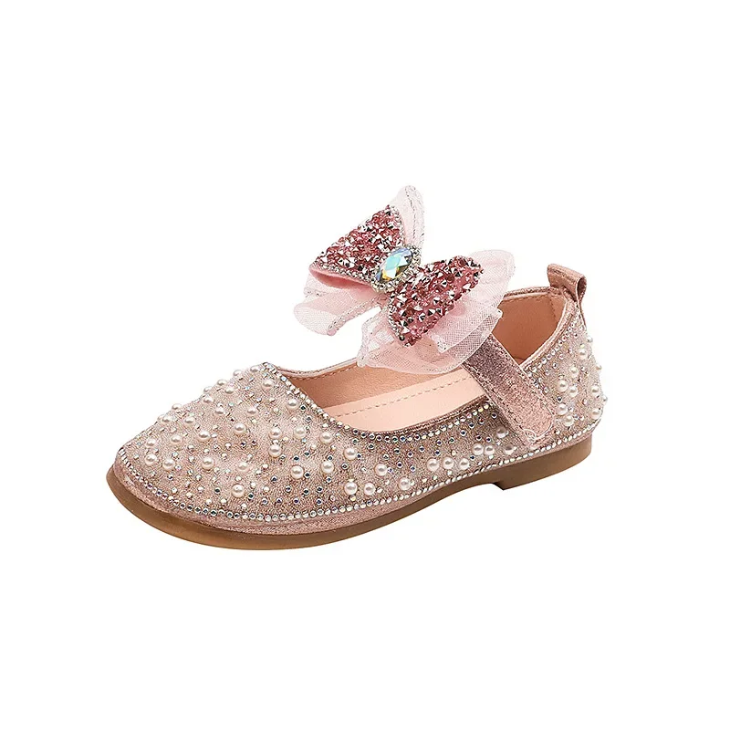 Girl Leather Shoe Sweet Bowtie Spring Autumn Children Pearl Causal Shoes Fashion Shallow Kids Wedding Party Flat Shoes Non-slip