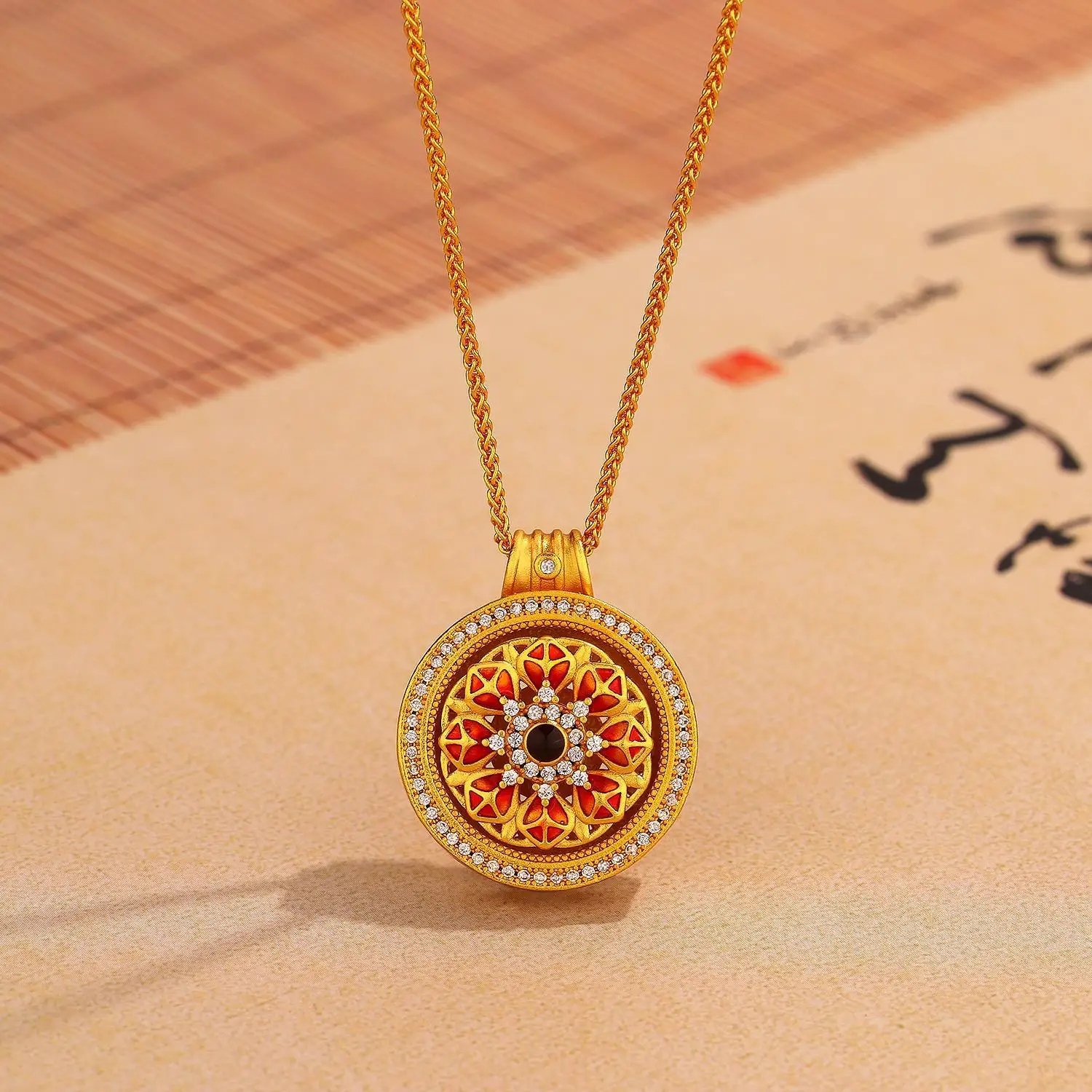 

9999 24K real gold Point diamond enamel Lotus Compass pendant Necklace Rotatable disc floral wire cutout design choker