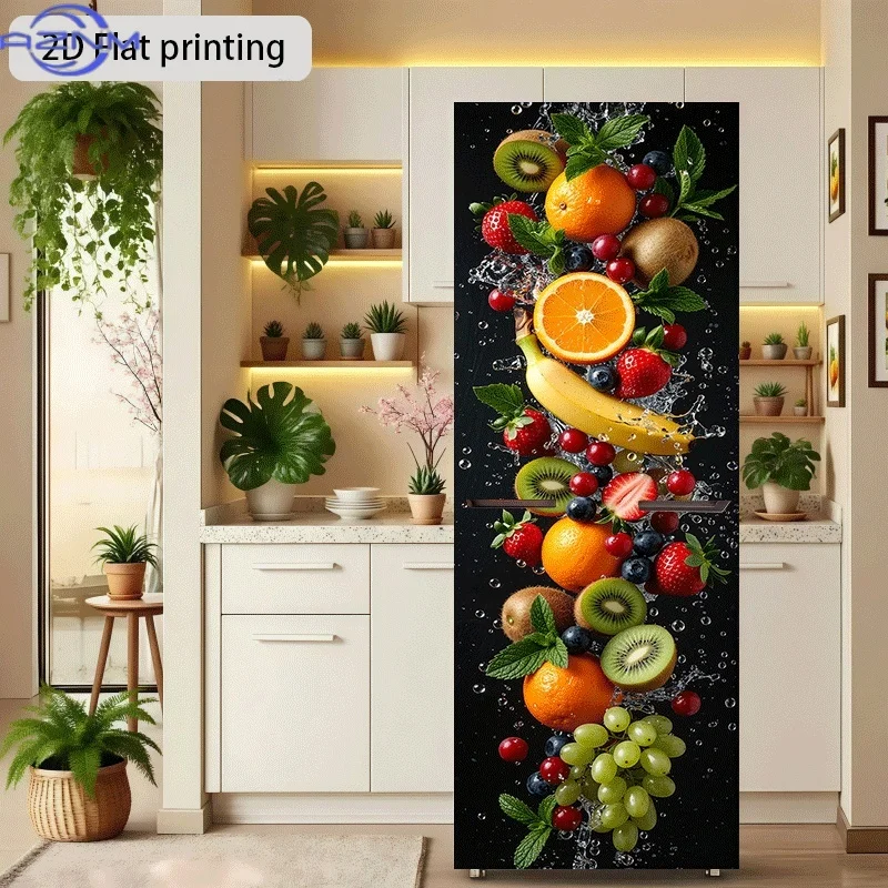 Refrigerator Sticker 60 X 180 Cm Colorful Fresh Fruit Feast Theme Design Wall Decoration Self-Adhesive Suitable for Cabinets A