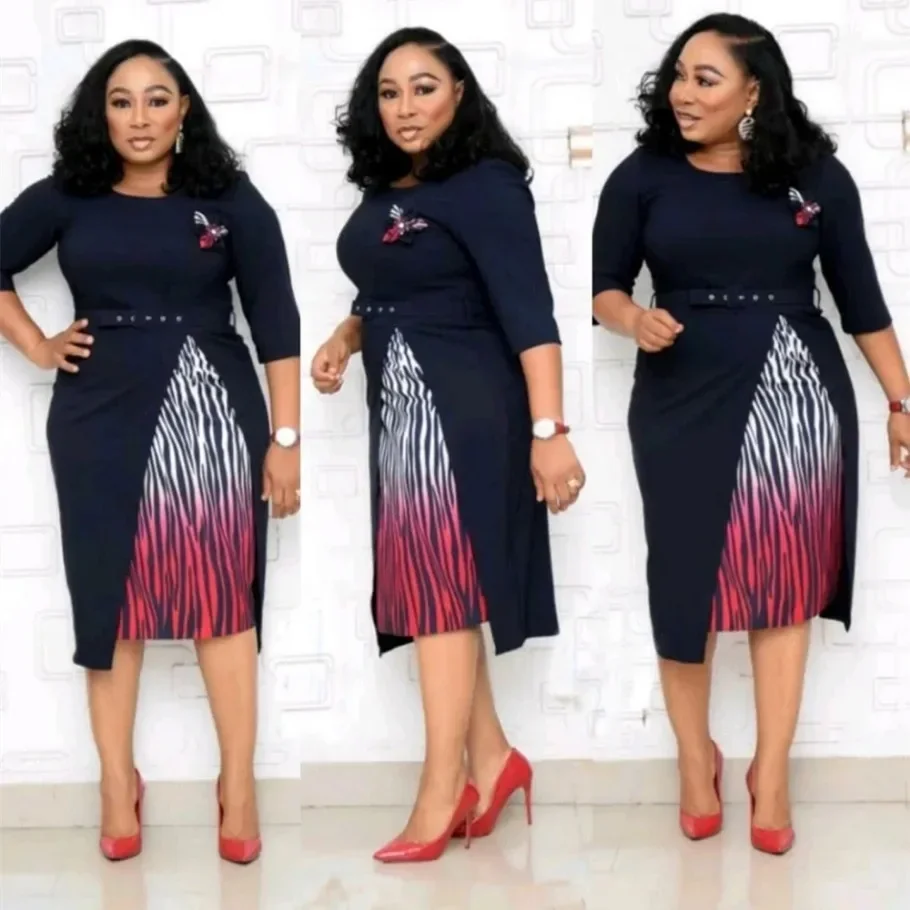 Customized Customized 2025 Hot Sale African And Turkey Style Plus Size Sashes Striped Patchwork Dress For Women