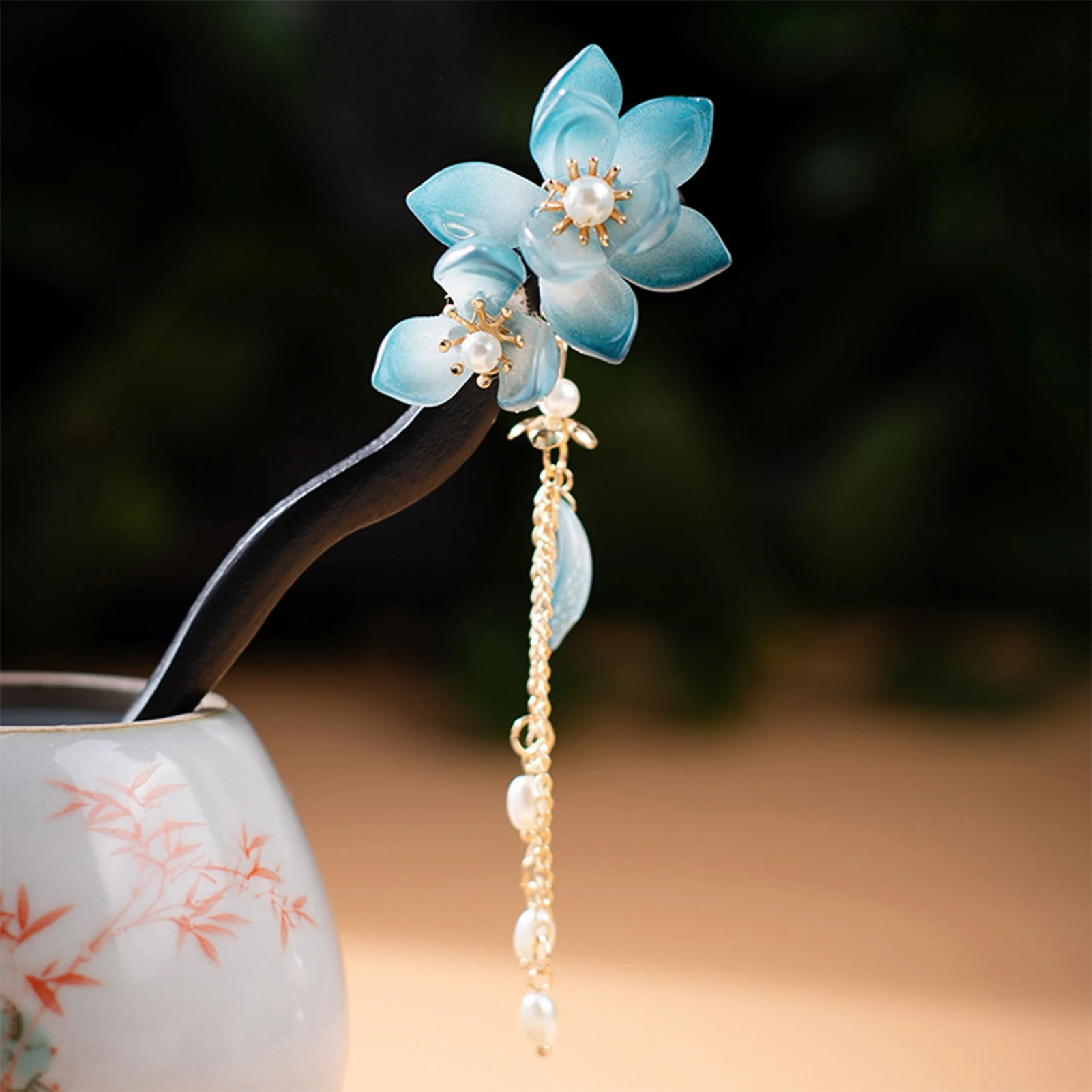 Chinese Hair Stick Ebonized Wood Floral Fringed Headwear Vintage Pearl Hairpin Forks For Women Classic Han Costume Hair Jewelry image 3