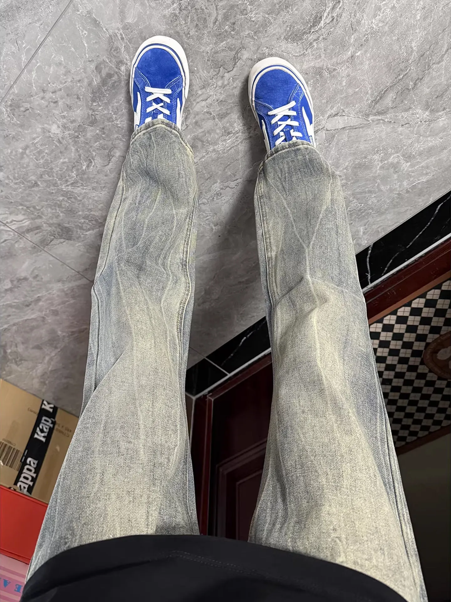 

Retro Blue Slim Straight Leg Jeans Men's Summer High Street Style Leg Lengthening Tightening Micro Flared Jeans Casual Wear