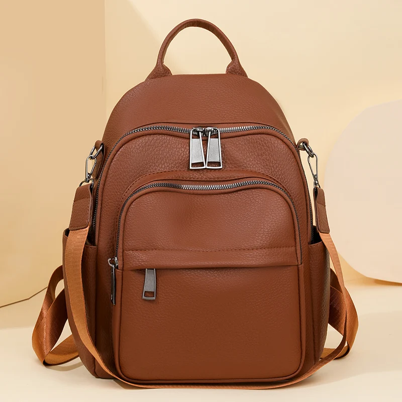 2025 Women's Large Capacity Leather Backpack Fashionable Simple Travel Bag Dual Shoulder Bag Bookbag Outdoor Camping Handbag Sac