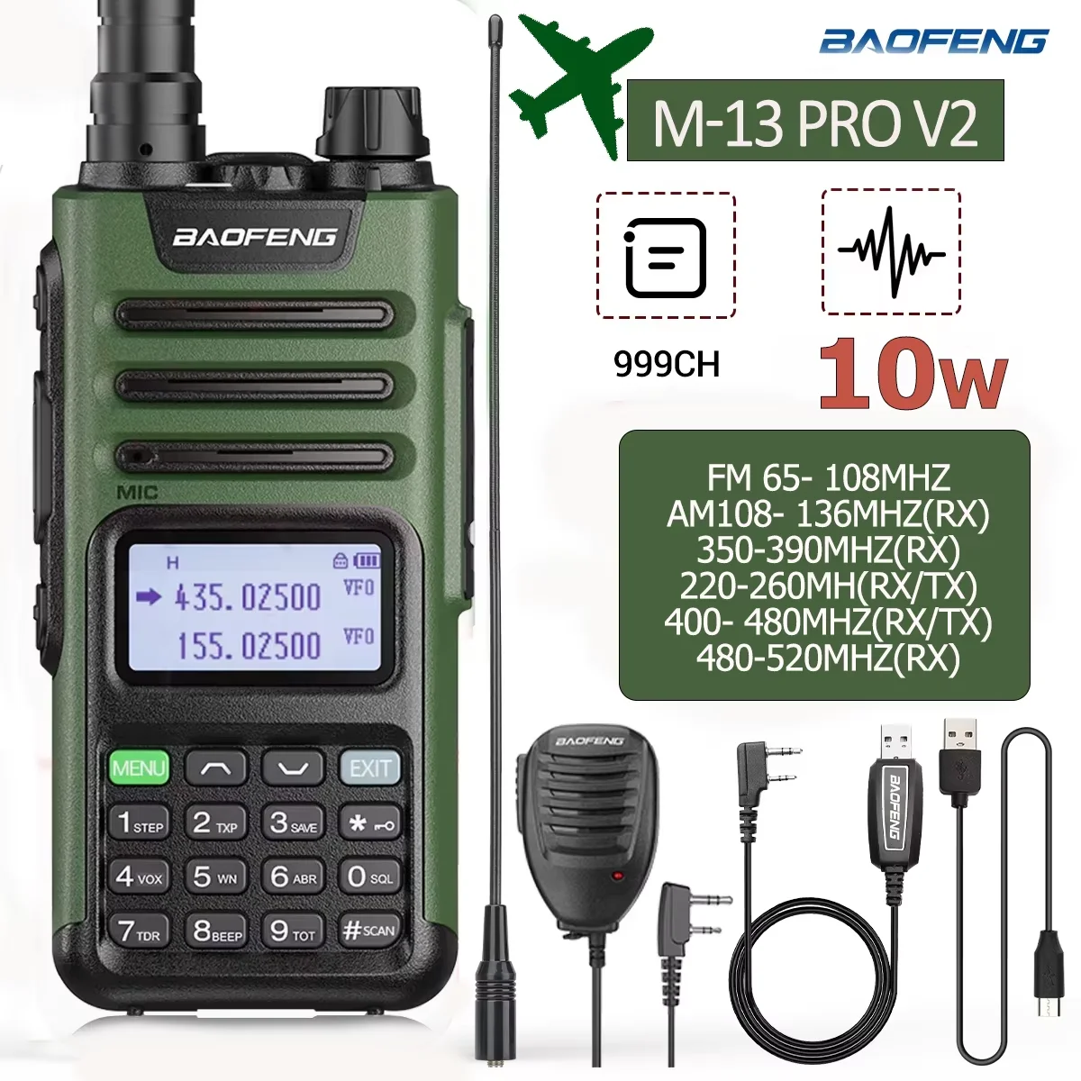 Baofeng M-13 Pro Walkie Talkie 10W 999CH Air Band Wireless Copy Frequency Long Range  Type-C UV-5R BF-888S K5 Ham Two Way Radio