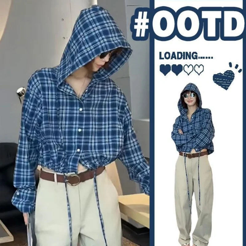 

Large Size Retro Plaid Long Sleeve Hoodie Casual Shirt Men's Autumn Drawstring Slimming Top Polyester Non-ironed Treatment