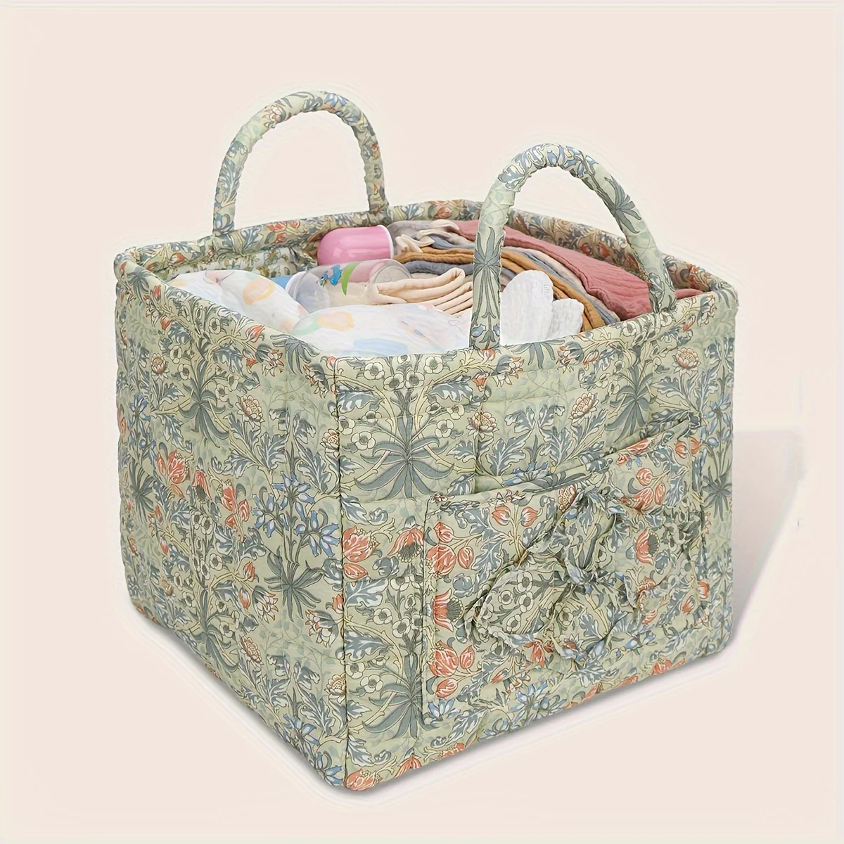 

Multifunctional Diaper Bag Rustic Floral Quilted Basket Perfect for Organizing Baby Diapers and Toys baby diaper storage baskets