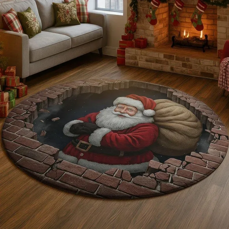 Christmas 3D Warm House Round Area Rug Soft Floor Carpet Xmas Tree Gift Print Mat for Holiday Home Living Room Bedroom Decor