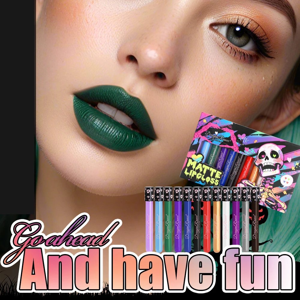 12Pcs/Box Matte Liquid Lipstick Makeup Colorful Black White Lip Gloss Waterproof Metallic Lip Glaze Halloween Party Cosmetics