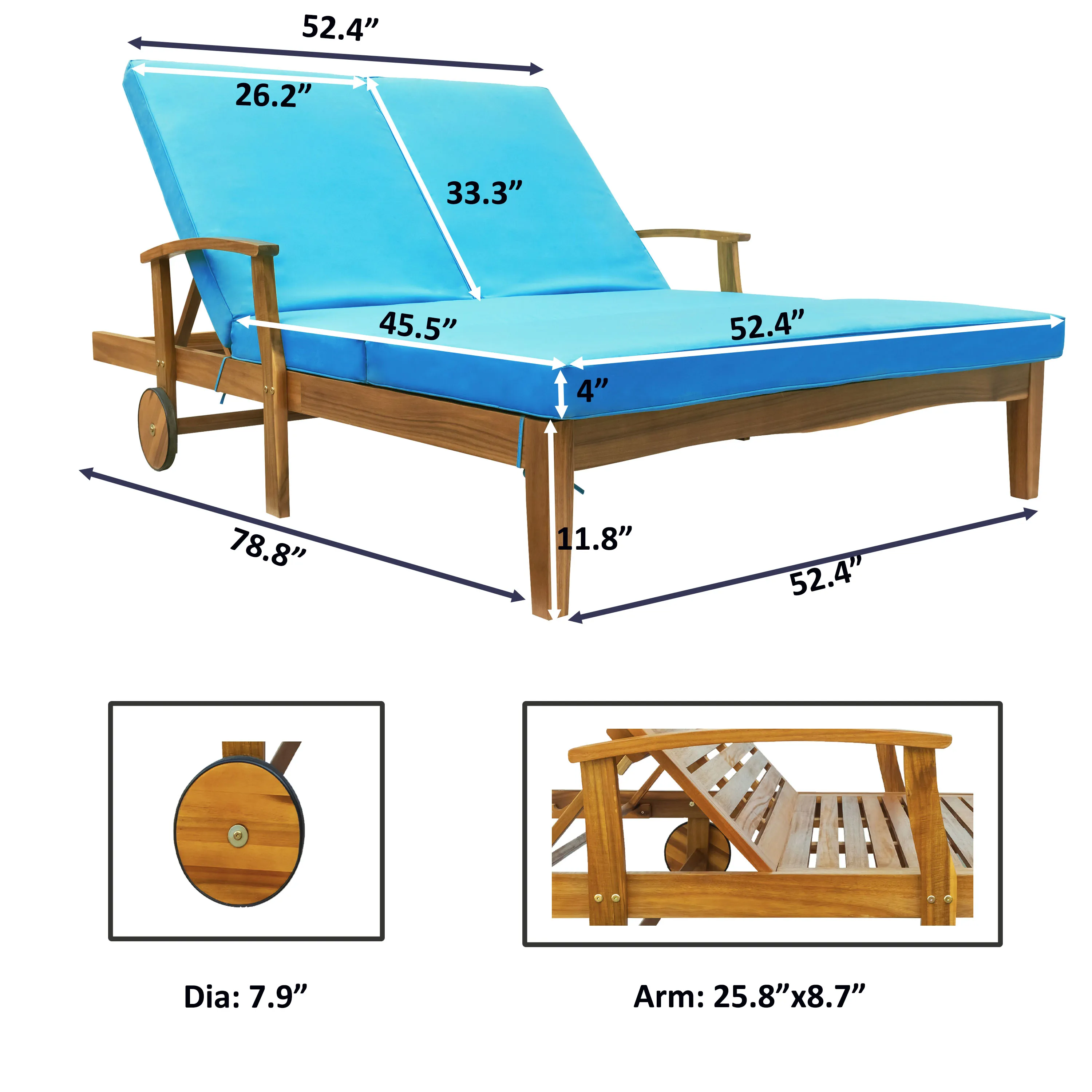 Patio Backyard Solid Wood Frame Daybed Outdoor Double Chaise Lounge Chair w/ Cushion&Wheels Natural Wood Finish+Blue Cushion