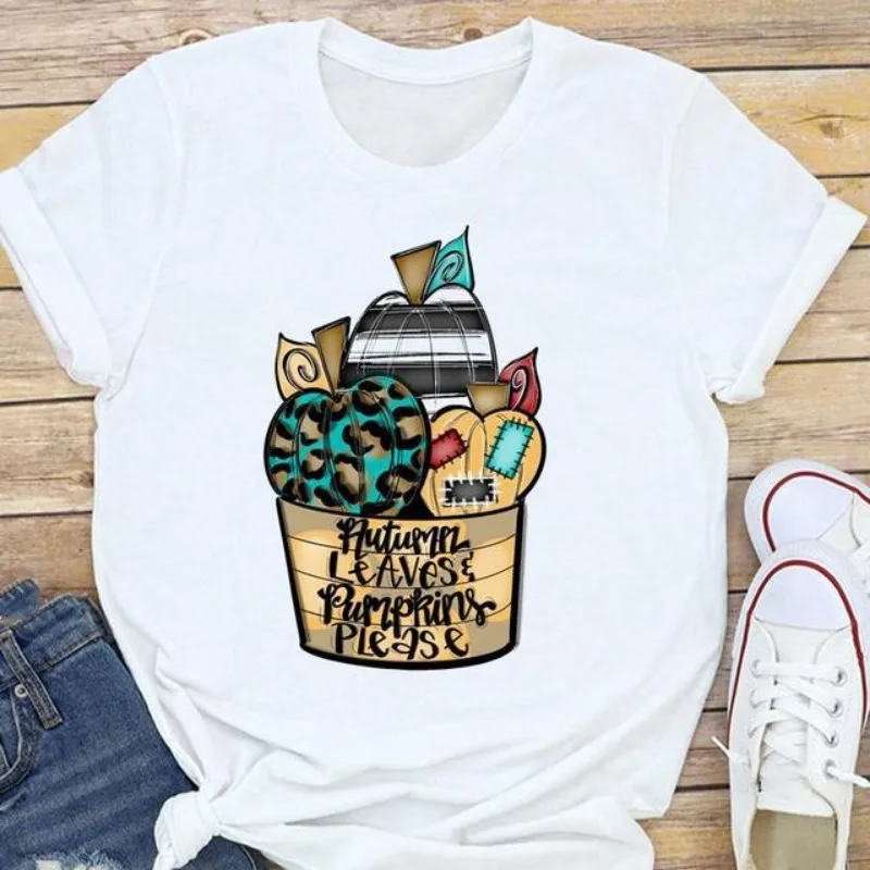 Camiseta estampada de paisagem natural de manga curta feminina, top de manga curta, camisa base, roupa estética, moda