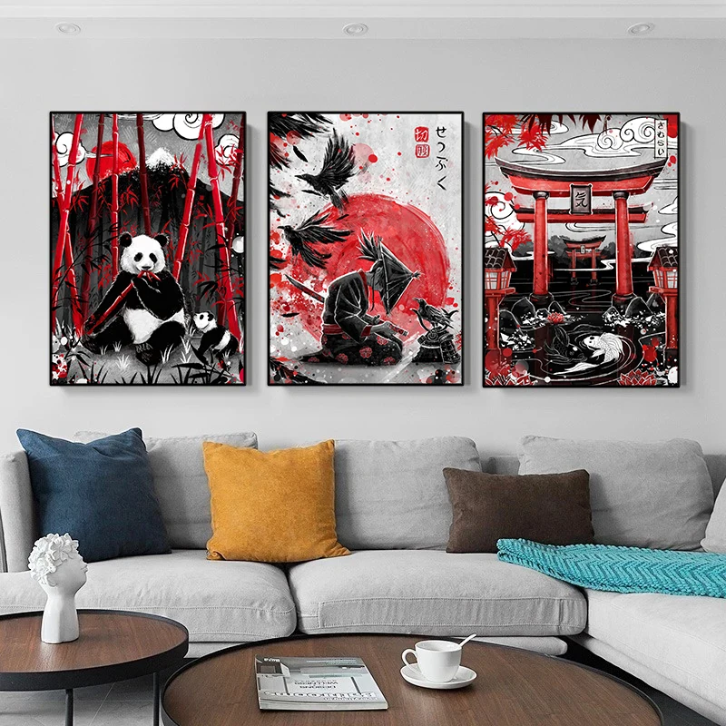 Modern Black and Red Japanese Spirits Poster Geisha Samurai Cat Mount Fuji Canvas Painting Wall Art for Living Room Home Decor