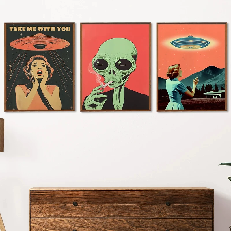 Vintage 60er Jahre UFO Poster Surreale Kunst Fliegende Untertasse Alien Leinwanddruck Scifi Wandbild für Wohnzimmer Home Decor Geschenke