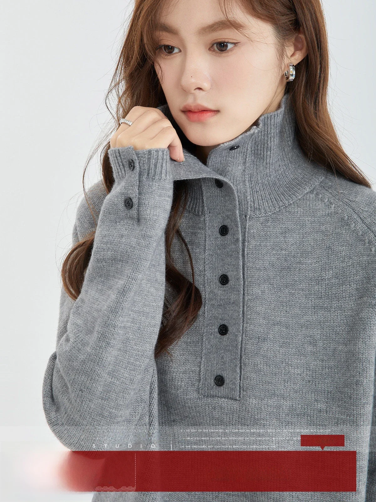 

MoZao ey High Collar Semi-Unbuttoned Knitted Sweater Women's Loose Top Faionable Commute Sle Pure Color Long Sve