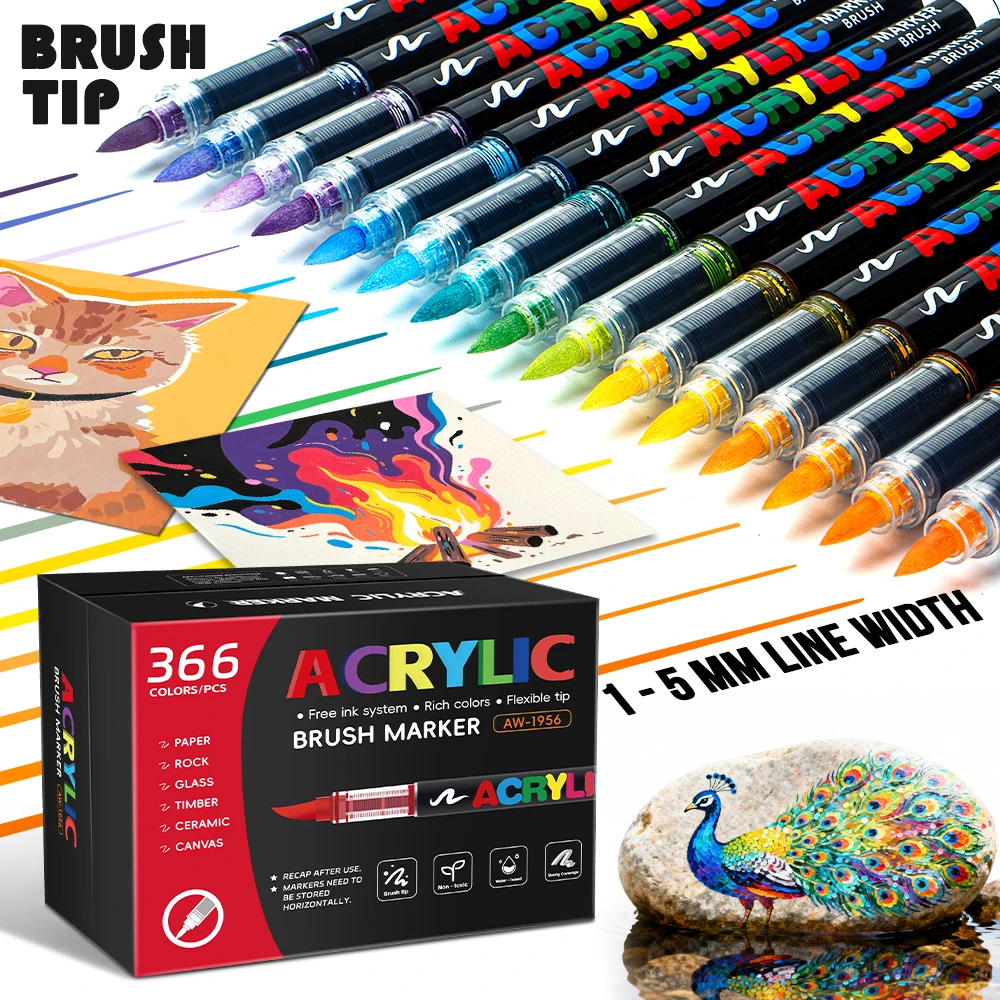 12/320/366 Colors Acrylic Markers Set Soft Brush Pen Systems for Drawing Anime Painting DIY Stone Glass Wood Gifts Art Supplies