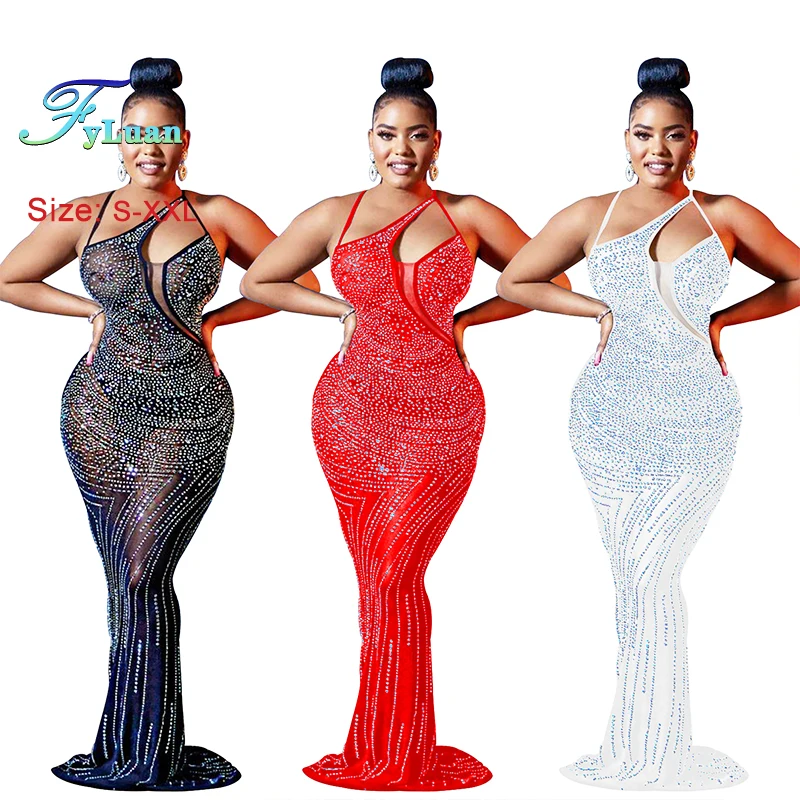 새로운 메쉬를 통해 볼 여성 크리스탈 v 넥 인어 바닥 길이 롱 드레스 기울어 진 어깨 민소매 생일 의상 Night Wea