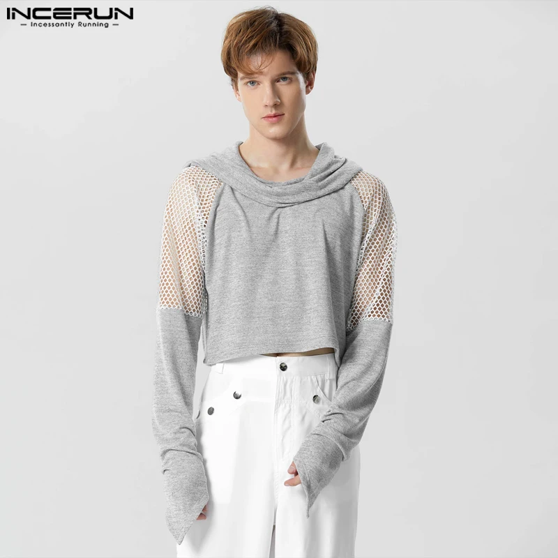 INCERUN 2023 Men Hoodies Mesh Patchwork Hooded Long Sleeve Male Crop Sweatshirts Transparent Streetwear Fashion Casual Pullovers