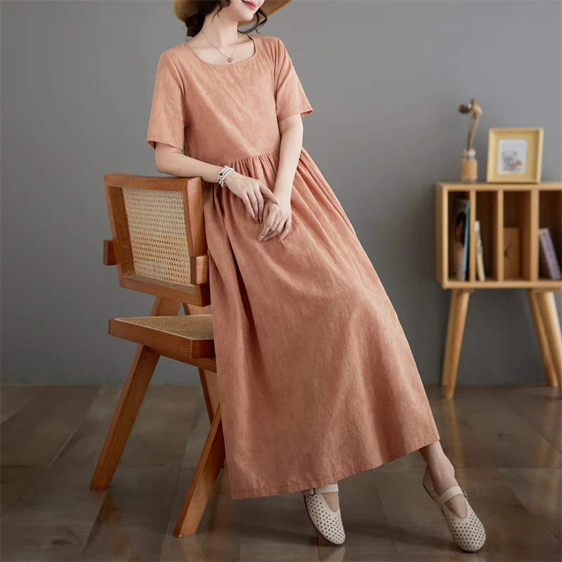 Rétro Floral Coton Lin Or Sve Dr Femmes Été Grande Taille Lâche Viande Couvrant Minceur Jupe Longue Coréenne Sle A-Line...