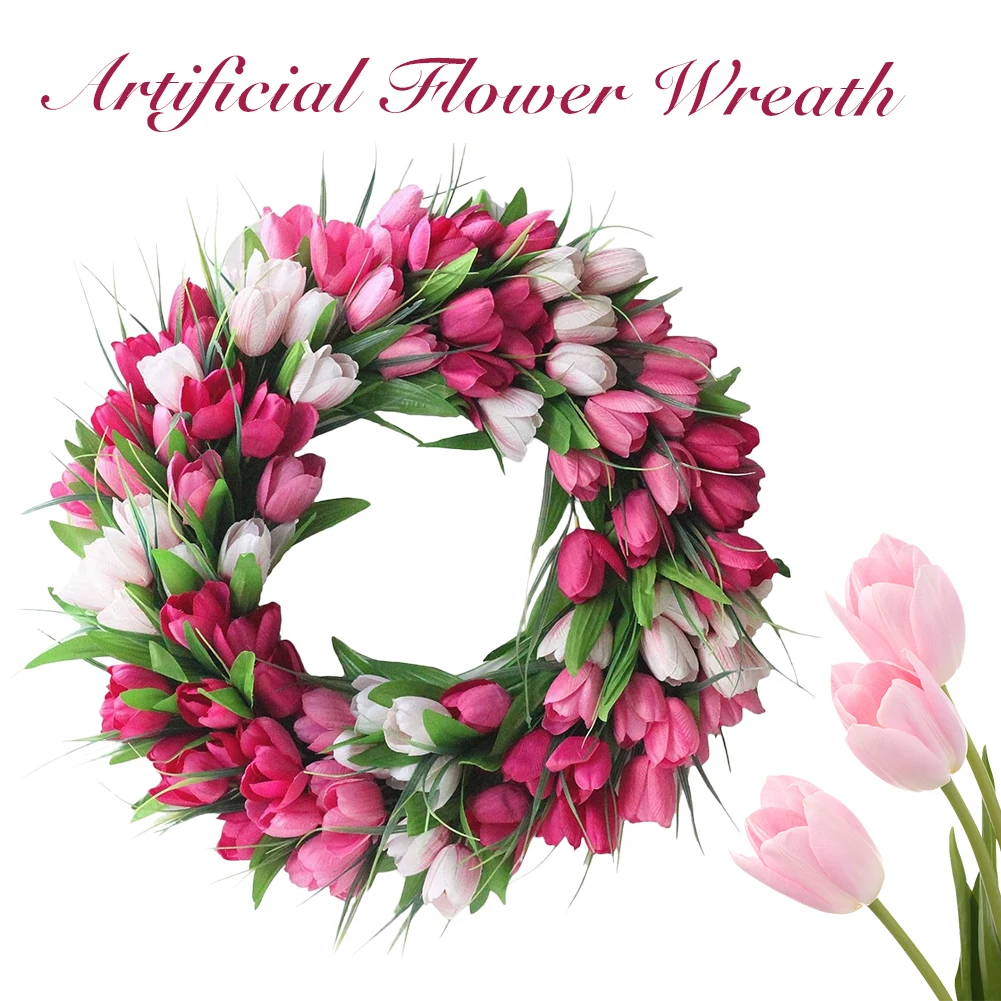 

19.7 Inch Tulip Wreath for Front Door Spring Wreath Artificial Flower Wreath with Tulips for Wall Window Party Wedding Decor