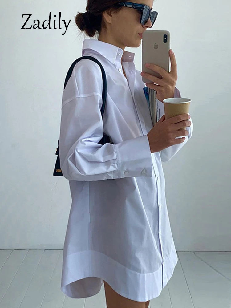 Zadily 2024 Summer Minimalist Women White Long Shirt Oversize Full Sleeve Patchwork Blouse Button Up Work Tops Female Clothing